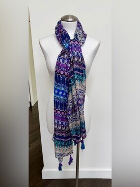 VisMaya Purple, Blue & Teal Patterned Tassel Scarf/Shawl